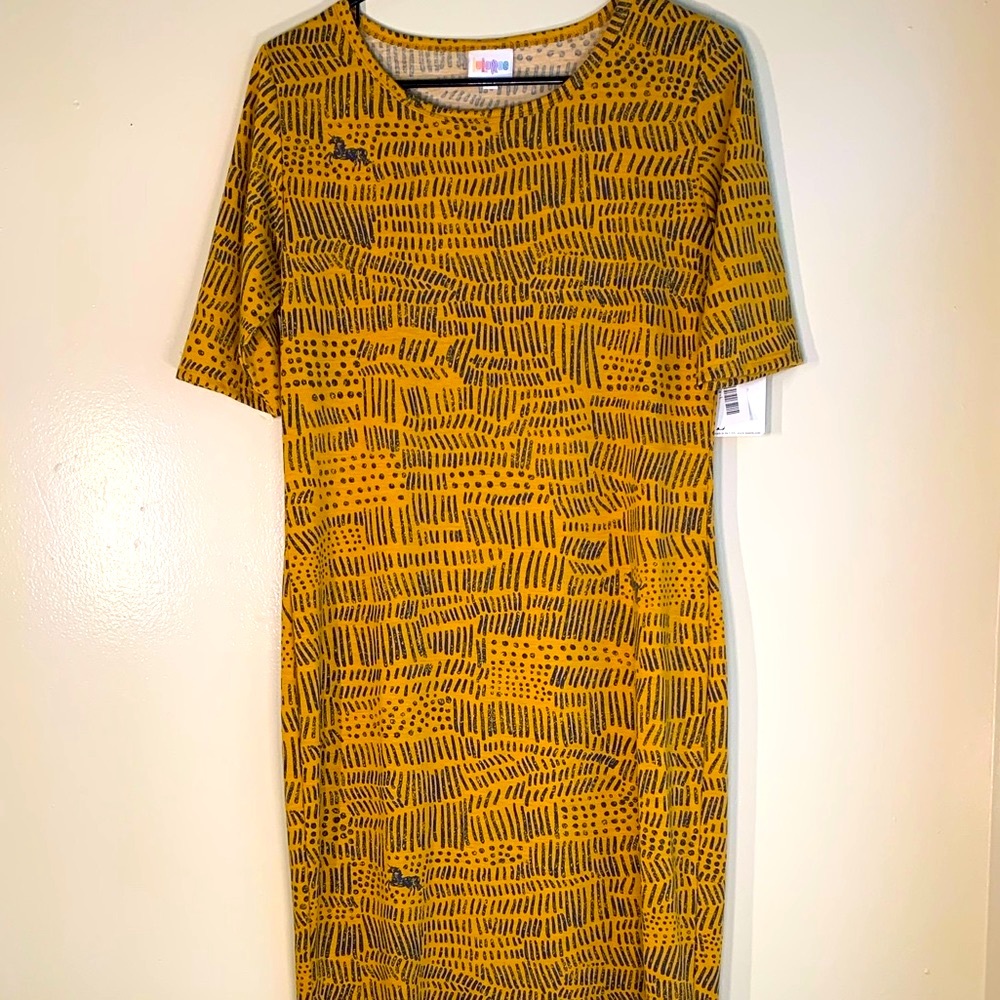 LulaRoe Gold Blue Pattern Julia Dress NWT